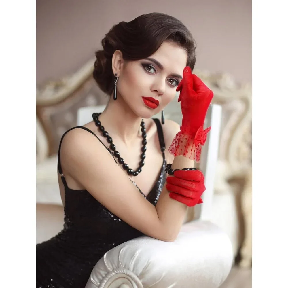 Women's Short Red Bow Lace Gloves Tea Party Elegant Opera Wedding Accessories